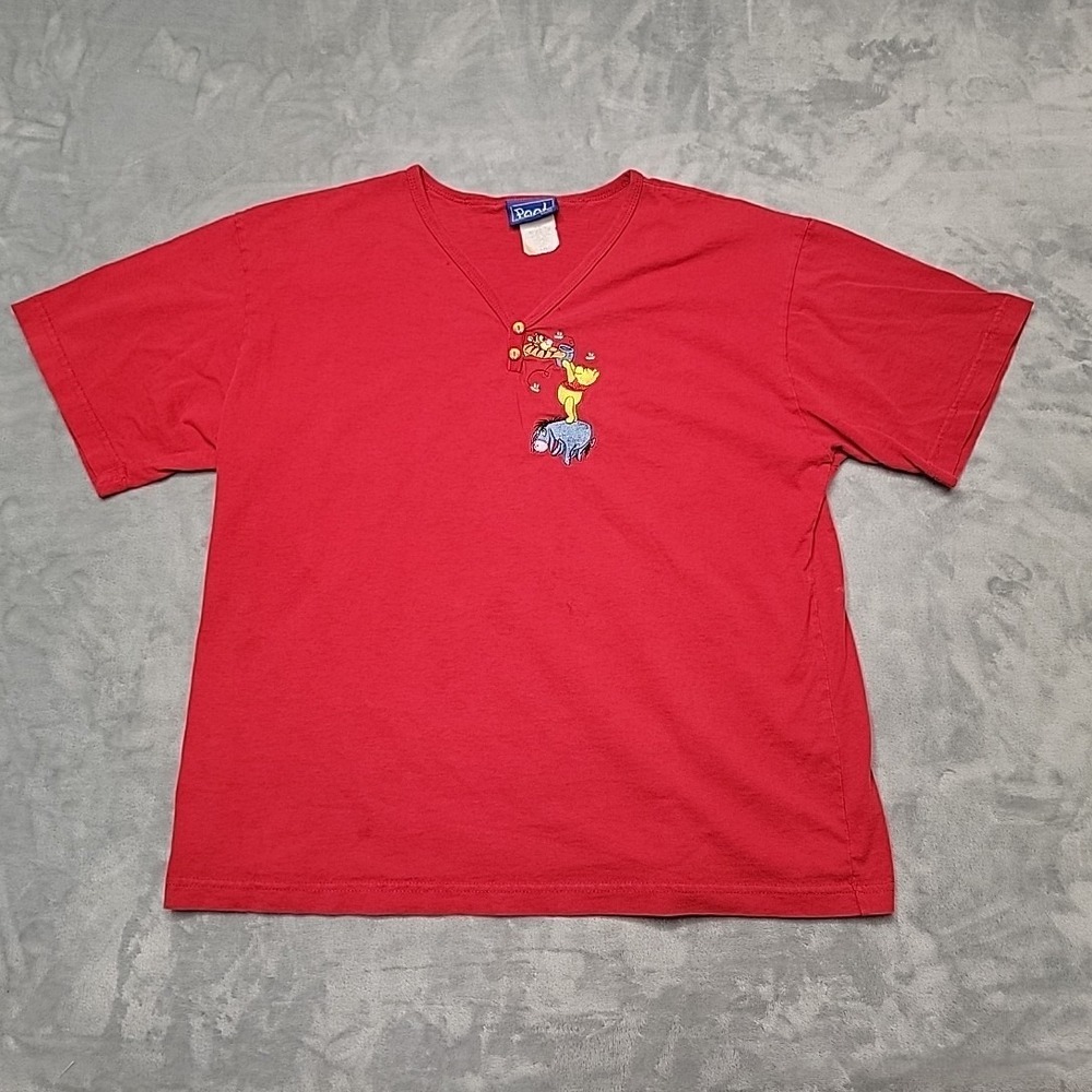 Disney Pooh Shirt Womens Large Red Henley Winnie Tigger Eeyore Embroidered